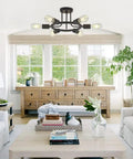 Dope Six Light Sputnik Chandelier In Black Modern Industrial Ceiling Light Fixture For Kitchen Dining Room Foyer Hallway Semi Flush Mount With Dimmable Edison Bulbs in a bright living room setting