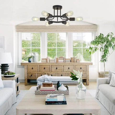 Dope Six Light Sputnik Chandelier In Black Modern Industrial Ceiling Light Fixture For Kitchen Dining Room Foyer Hallway Semi Flush Mount With Dimmable Edison Bulbs in a bright living room setting