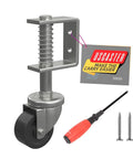 Heavy Duty Two Inch Gate Wheels For Wooden Gates with spring loaded design, swivel caster, screws, and driver in image.