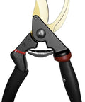 8.5 Inch Rotating Bypass Pruning Shears With Titanium Coated SK5 Blade, black cushioned handle, angled view.