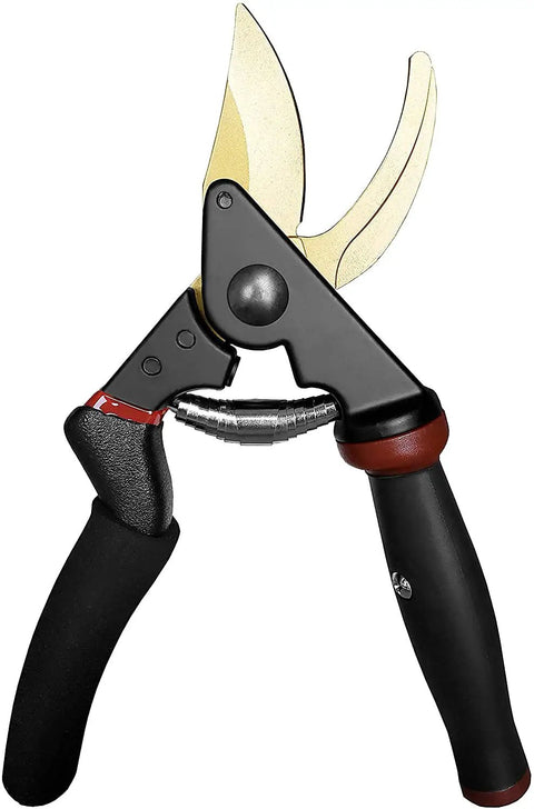 8.5 Inch Rotating Bypass Pruning Shears With Titanium Coated SK5 Blade, black cushioned handle, angled view.