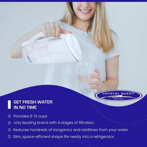 Woman pouring water from BPA Free Water Filter Pitcher With 12 Cup Capacity 6 Stage Filtration Long Life Filter Included NSF 42 Approved