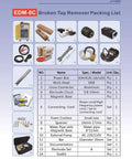 EDM-8C Broken Tap Remover packing list showing components including power box, work head, cross connector, electrode chuck, and accessories.