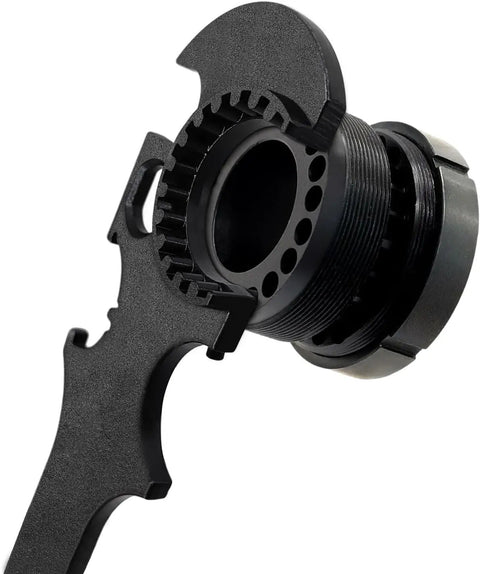 Armorers Wrench With Non Slip Rubberized Grips, Corrosion Resistant And Built For Precision, Dual Half Inch Drive Ports For Torque Wrenches, Positive Engagement On Notched Grooves And Slotted Nuts, Ideal For Automotive, Plumbing, And Home Repairs.