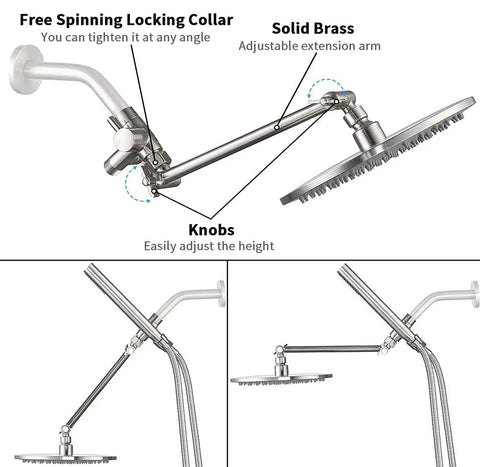 Adjustable extension arm and rainfall head of All Metal Dual Shower Head Combo With 8 Inch Rainfall Head Handheld Spray Wand Three Way Diverter.