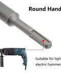 2-inch concrete hole saw SDS-Plus shank close-up with rectangular slot; hammer drill visible in background