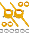 PVC Pipe Thread Maker Tool Kit With 12 Pcs Dies, DIY Ready Manual Pipe Threader Set, yellow handles and dies shown.