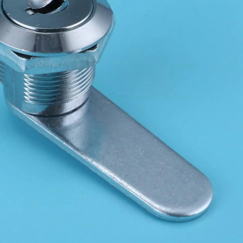 Close-up of No Sweat Silver Zinc Alloy Cylinder Cam Lock With Three Keys For Electrical Meter Boxes Kitchen Cabinets And Drawer Hardware.