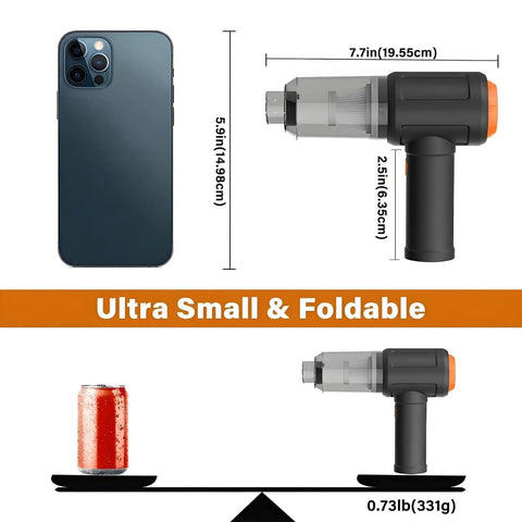 Air Duster And Mini Vacuum Cleaner For Keyboard Cleaning Cordless Canned Air Blower Portable PC Dust Eraser 110000 RPM size comparison with phone and soda can