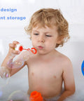 Child blowing bubbles in bathtub with slick silicone bathtub drain stopper and suction cup design for storage.