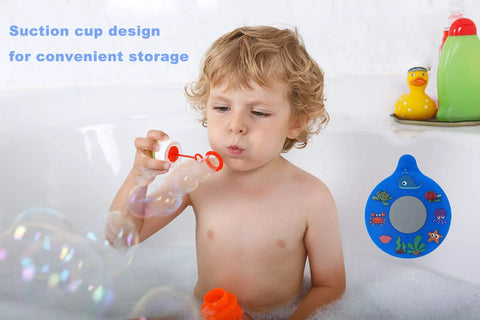 Child blowing bubbles in bathtub with slick silicone bathtub drain stopper and suction cup design for storage.