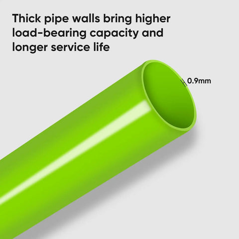 Close-up of green pipe section with 0.9mm thickness, highlighting durability feature in Pro Grade Stainless Steel Lawn Leveling Rake With Adjustable 30 To 74 Inch Handle Anti Flipping Design For Quick Soil Leveling And Fertilizer Spreading On Lawns Gardens Farms Backyards And Golf Courses.