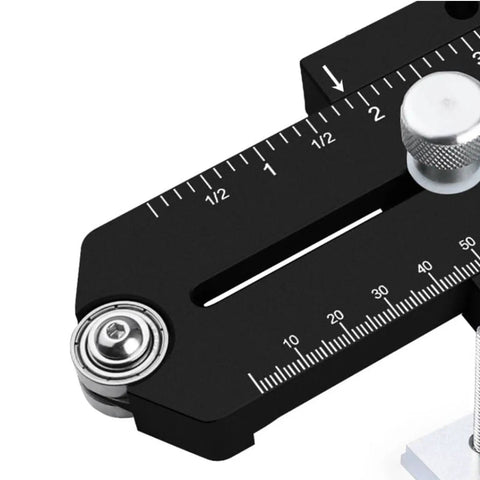 Close-up of Extended Thin Ripping Jig for Woodworking, aluminum alloy, dual bearings, black, precise drift-free cutting guide.