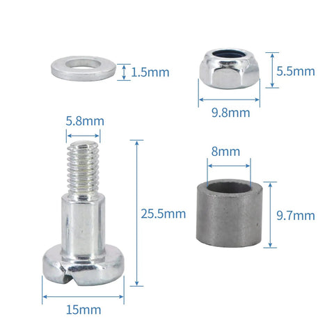 Top Shelf 3 Pack Trimmer Head Shoulder Bolt Kit components with measurements: steel bolts, washers, and nuts for Stihl trimmers.