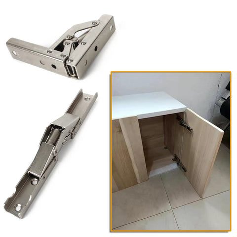 Skip The Fiddly Hardware 90 Degree Locking Folding Bracket Wall Shelf Hinge shown in use on cabinet doors.