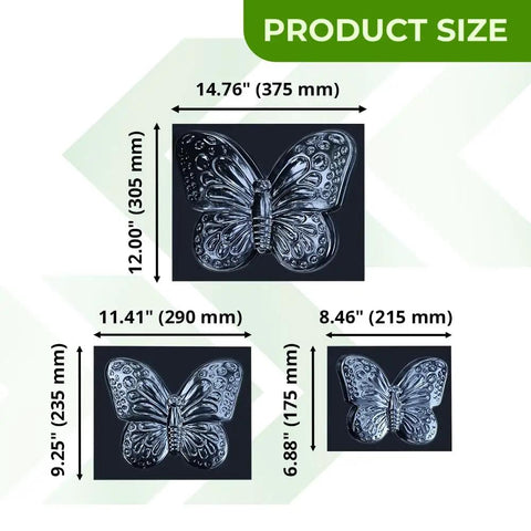 Three Butterfly Stepping Stone Molds Set Of 3 For DIY Concrete Path Pavers Garden Walkway Stones with dimensions and sizes displayed