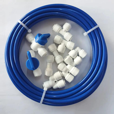 One Quarter Inch Outer Diameter RO Water Tubing Kit For Home Purifier Systems With 32.8 Feet Of Tubing And A 10 Piece Quick Connector Set Including Straight Elbow Tee Y And Shut Off Valve No Clips Required, blue tubing and white connectors.