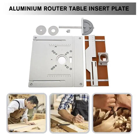 Rock Solid Aluminum Router Table Insert With Easy Peasy Flip Miter Guide For Solid Wood Milling and Rip Through Precise Cuts On Any Custom Workbench Board Station, showing aluminum plate and accessories.