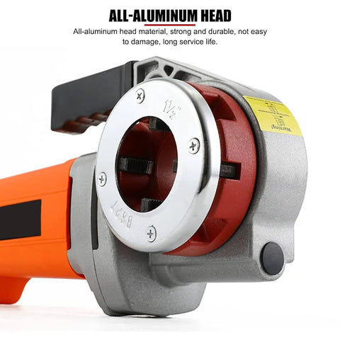 Rock Solid Heavy Duty Electric Pipe Threader Kit With Six Interchangeable Dies For Half Inch To Two Inch Lines, aluminum head detail.