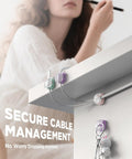 8 Pack Cable Clips Cord Organizer attached to desk edge, holding cables with one-hand lock and strong adhesive, cute and functional