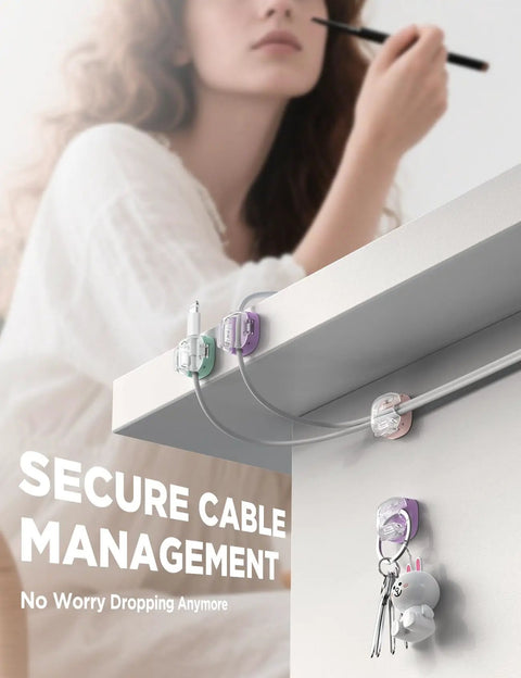 8 Pack Cable Clips Cord Organizer attached to desk edge, holding cables with one-hand lock and strong adhesive, cute and functional