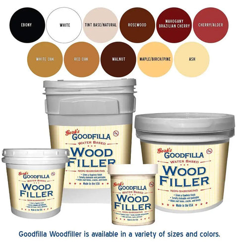 Goodfilla wood filler product range with color options and different container sizes, showcasing red oak for hardwood projects.