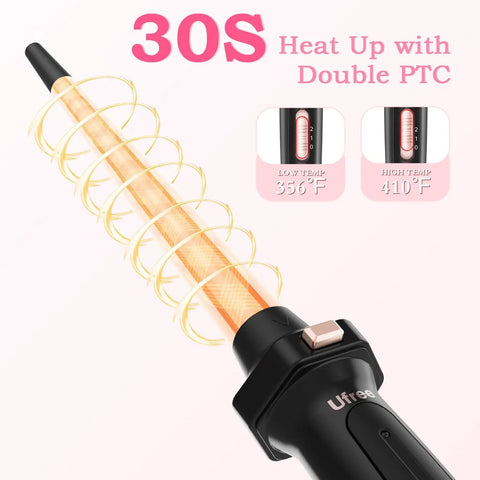Versatile 5 In 1 Curling Iron With Interchangeable Ceramic Barrels showing 0.35 to 0.71 inch tapered barrel with heat settings