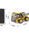 Remote Control Dump Truck Toy With Metal Bed And Lights And Sounds next to smartphone for size comparison