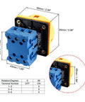 2 Position Changeover Rotary Switch SYW30 25A 660V with 6 terminals, blue and yellow design, product dimensions and details