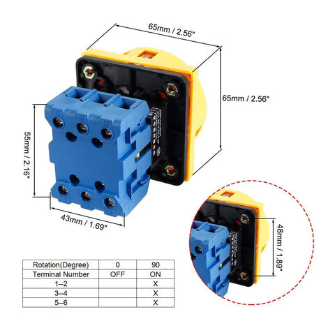 2 Position Changeover Rotary Switch SYW30 25A 660V with 6 terminals, blue and yellow design, product dimensions and details