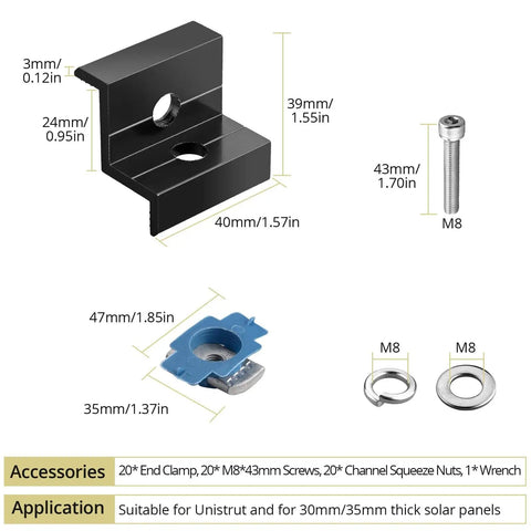 Diagram of 20 Pcs Solar Panel End Clamps for Standard Unistrut with 30mm/35mm aluminum bracket, screws, and nuts