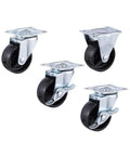 Four Pack Heavy Duty Flat Top Plate Caster Wheels With Dual Swivel And Double Wheel Brakes Floor Saving Poly Tires, black plastic wheels.
