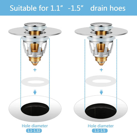 Diagram of Silver Bathroom Sink Stopper With Hair Catcher Two In One Drain Strainer For 1.1 To 1.5 Inch US Standard Sink Holes.