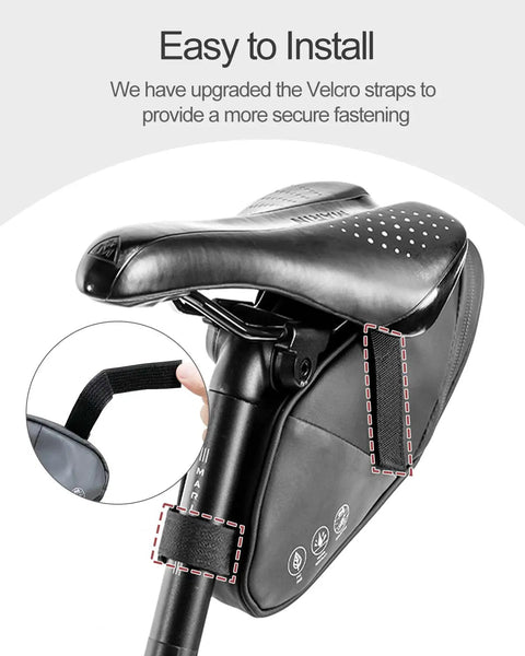 Water Resistant Under Seat Bike Bag 1L Saddle Pack for Mountain Road and City Commuter Bikes PVC Free Construction with 900D Oxford Fabric and PU Coating Rainproof showing installation process under bike seat.
