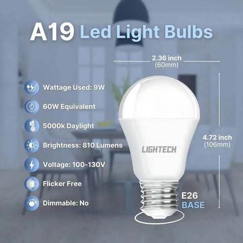 12 Pack A19 LED Light Bulbs, 9W Daylight 5000K, 60W Equivalent, 810 Lumens, Non Dimmable, E26 Base, Ideal For Home Lighting Solution