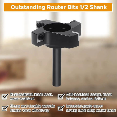 Half Inch Shank CNC Spoilboard Surfacing Router Bit With Three Inch Cutting Diameter Four Wing Design and Replaceable Carbide Inserts.