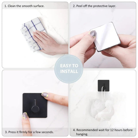 Adhesive Towel Hooks Set Waterproof Shower Wall Mount Matte Black Stainless Steel Durable Hooks With Extra Adhesive Strips Easy No Drill Bathroom Organization Four Pack