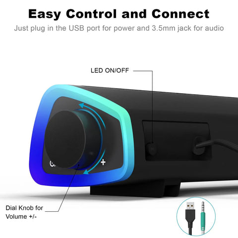 Close-up of volume control on R30 USB Powered Computer Speakers With Colorful LED Lights And 3.5mm Aux Surround Soundbar