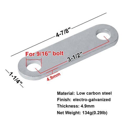 Diagram of 8 Pack Heavy Duty Trailer Leaf Spring Shackle Straps For Double Eye Leaf Springs 3/16 Inch Thick 4 7/8 Inch Overall Length 9/16 Inch Bolt Holes Electro Galvanized Low Carbon Steel Bolts Not Included showing dimensions.