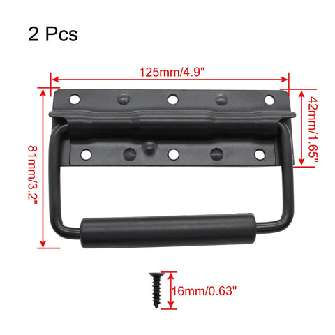 4.9 Inch Spring Loaded Folding Handle For Tool Boxes And Cases, Heavy Duty Surface Mount Case Handle With Rubber Grip, Black 2 Pack, dimensions visible