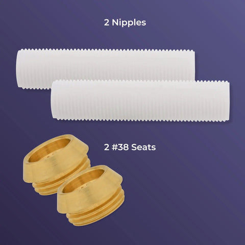 Complete Shower Repair Kit For Hot And Cold Water, Two Valves, Verve Handles Remodel parts shown with brass seats and white nipples