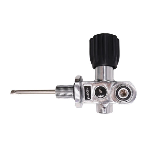 4500 Psi 300 Bar Scuba Diving Cylinder Valve DIN Yoke M18x1.5 Thread Copper Tank Valve with black knob, side view.
