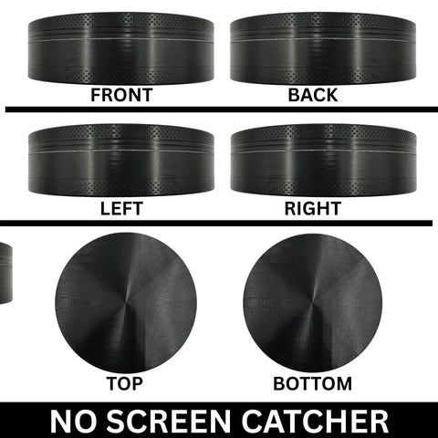 4-inch black metal herb grinder (front view) with 3 layers and textured grip; no screen catcher