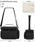 Breast Pump Travel Bag With Water-Resistant Mat And Removable Divider, Black, shown with adjustable shoulder strap and dimensions. 