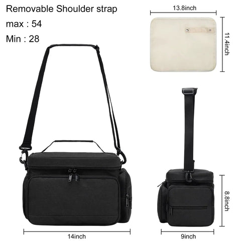 Breast Pump Travel Bag With Water-Resistant Mat And Removable Divider, Black, shown with adjustable shoulder strap and dimensions. 