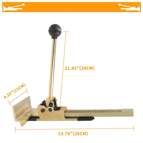 Pro Flooring Jack Tool For Quick Positioning And Gentle Lifts With Heavy Duty Iron Build And Non Slip Handles, side view with dimensions