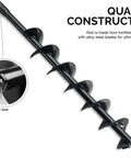 4 Inch By 30 Inch Steel Garden Auger Bit With Three Quarter Inch Shaft, black steel spiral design, shown with 3/4 inch shaft detail.