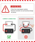 Warning diagram showing correct and incorrect wiring for Beefed-Up 12V To 36V DC Low Voltage Protection Module with Battery Protection.