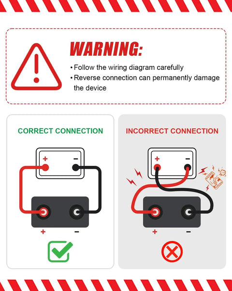 Warning diagram for Battery Adapter Converter Kit For 18V Ride On Cars Upgrade with correct and incorrect wiring instructions.