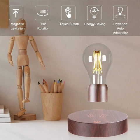 Levitating Light Bulb With Magnetic Levitation And Touch Control Floating Rotating LED Desk Lamp on wooden base